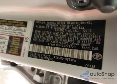 2012 Toyota Camry Le z USA, uszkodzony, nr VIN 4T4BF1FK4CR273723